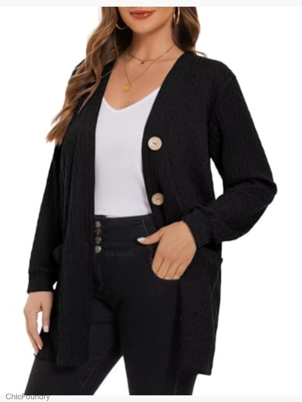 Plus Size Cable Knit Cardigan with Pockets Open Front Long Sleeve Sweater - Picture 2 of 7